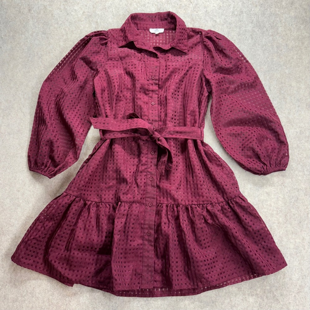 Entro Burgundy Sheer Checkered Long Sleeve Button Down Mini Dress D19084 Small